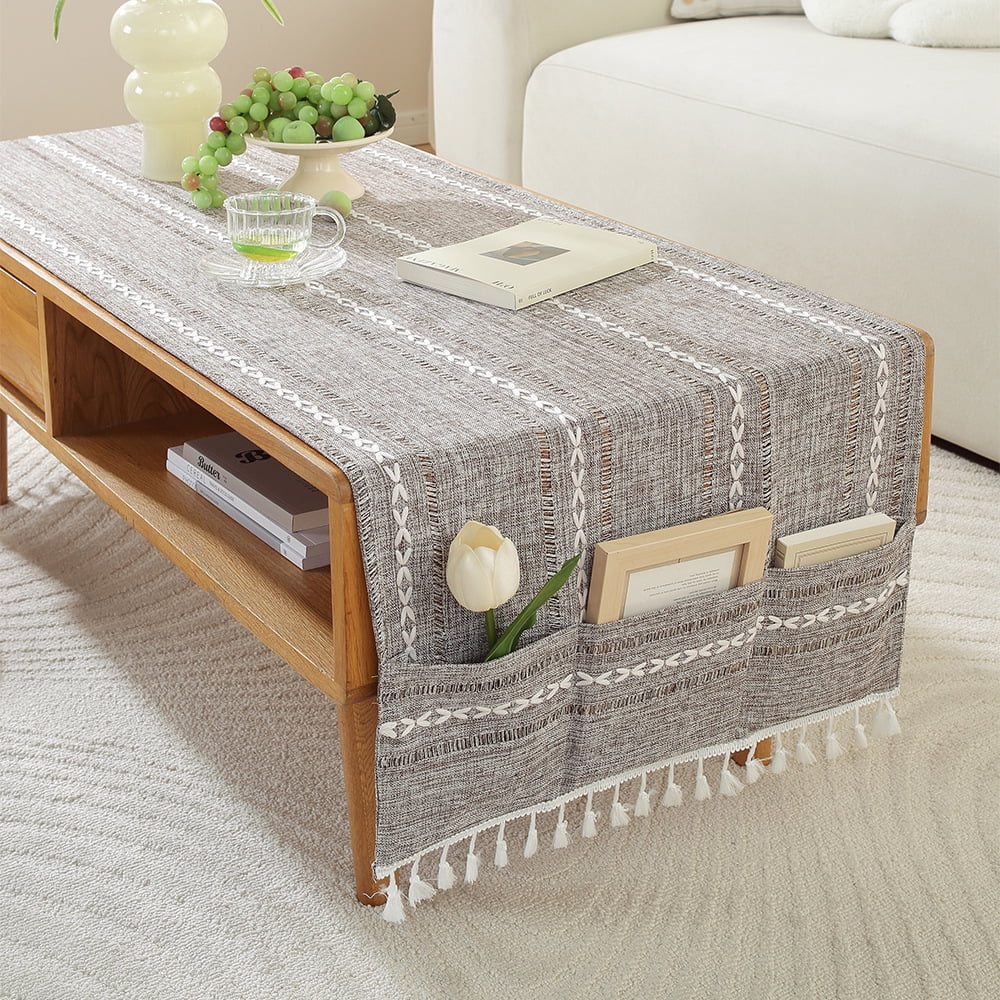 WCHUANG Coffee Table Cloth, Table Cover with Pockets and Tassel, Cotton Linen Rectangle Tablecloths Washer Dryer Fridge Top Dust Cover