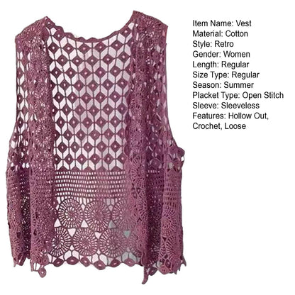 Women Vest Women's Sleeveless Knitted Hollow Vest Retro Crochet Cardigan for Summer Spring Autumn Sleeveless Cardigan One Size Apricot