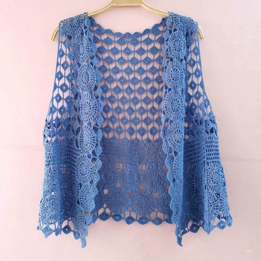 Women Vest Women's Sleeveless Knitted Hollow Vest Retro Crochet Cardigan for Summer Spring Autumn Sleeveless Cardigan One Size Blue