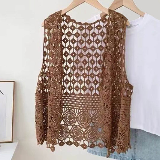 Women Vest Women's Sleeveless Knitted Hollow Vest Retro Crochet Cardigan for Summer Spring Autumn Sleeveless Cardigan One Size Coffee