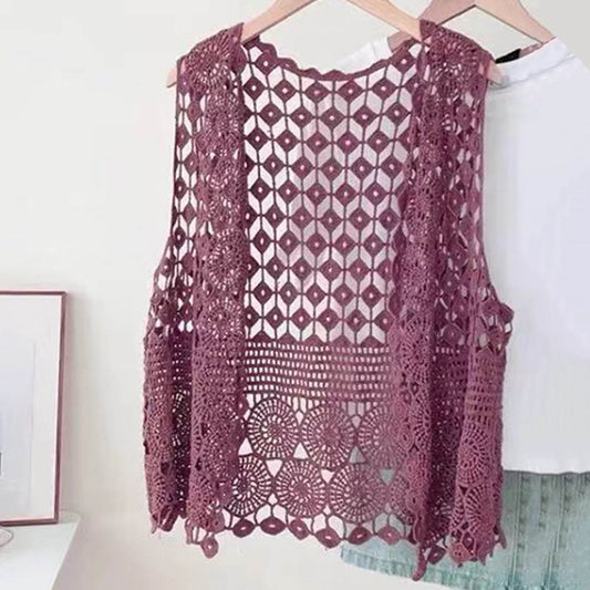 Women Vest Women's Sleeveless Knitted Hollow Vest Retro Crochet Cardigan for Summer Spring Autumn Sleeveless Cardigan One Size Purple