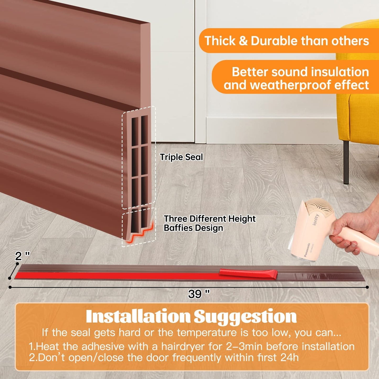 Door Draft Stopper, 37 Inch Under Door Sweep Bottom Blocker with Rubber Seal Strip, Under Door Seal for Exterior/Interior, Soundproof Weather Stripping Door Seal(White) 1PC Brown