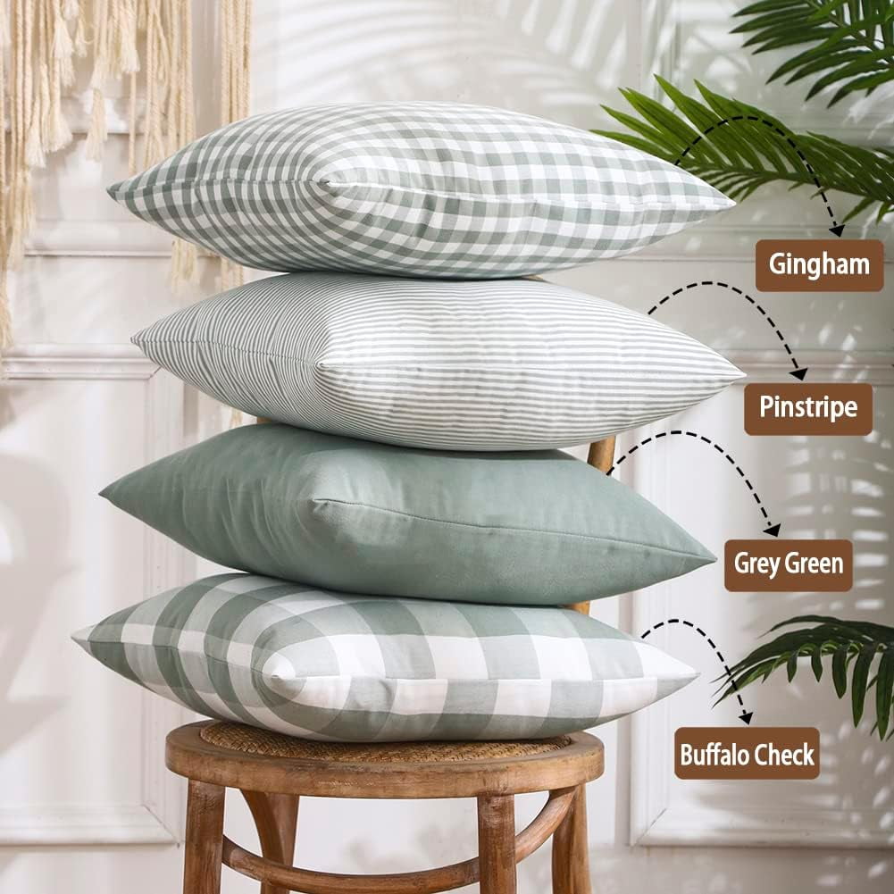 Light Blue Farmhouse Buffalo Plaid Pillow Covers 18x18 Set of 2 Patio Outdoor Decor Neutral Checkered Pillow Covers 18 x 18, Blue and White Gingham 18x18 Square Greyish Blue