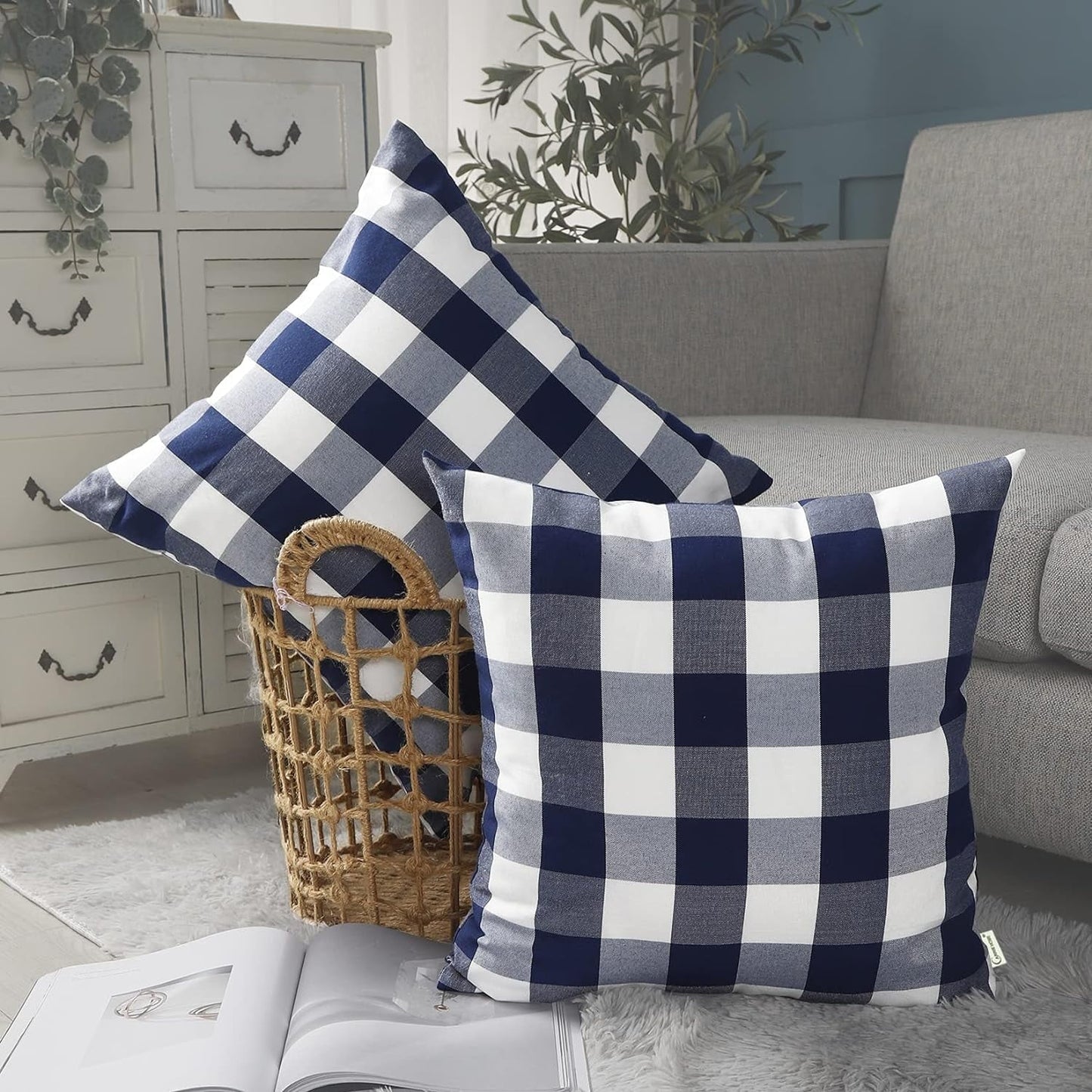 Light Blue Farmhouse Buffalo Plaid Pillow Covers 18x18 Set of 2 Patio Outdoor Decor Neutral Checkered Pillow Covers 18 x 18, Blue and White Gingham Plaid Check 18"x18", Set of 2 Navy Blue