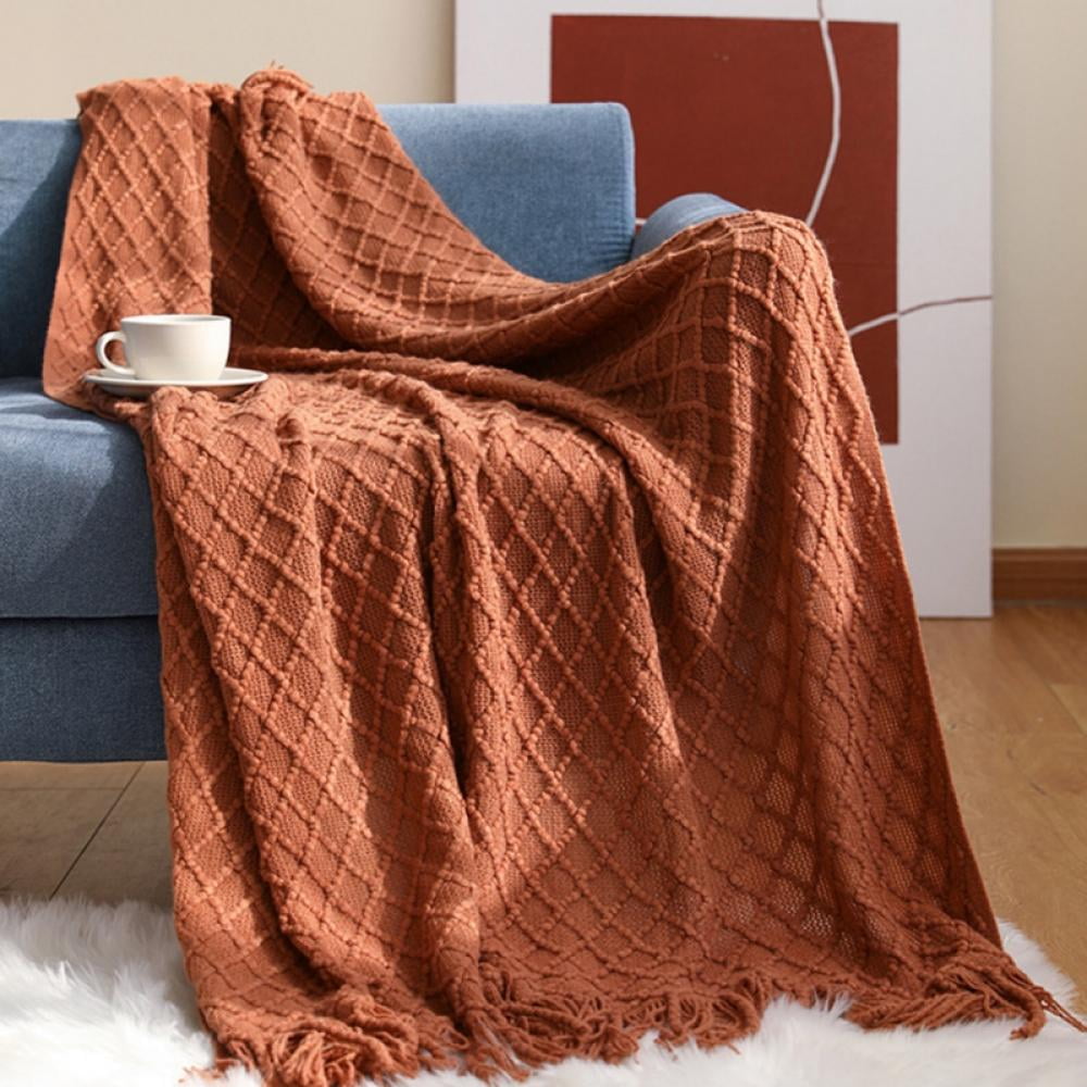 Throw Blanket for Couch 50 x 60 inches Knit Woven Blankets Cozy Lightweight Decorative Throw for Bed and Living Room,Beige Brick red