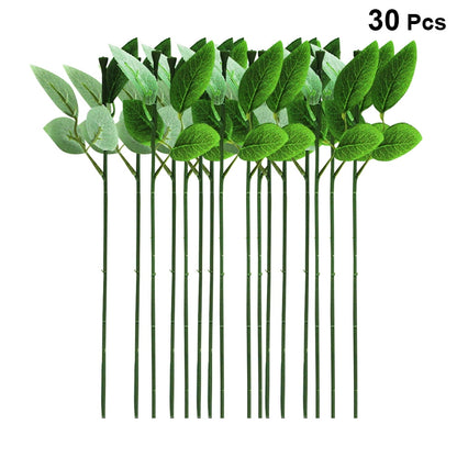 HOOWIFFY 30 Pcs Green Rose Stems with Leaves Floral Wire for Flower Arrangement and Craft Decoration