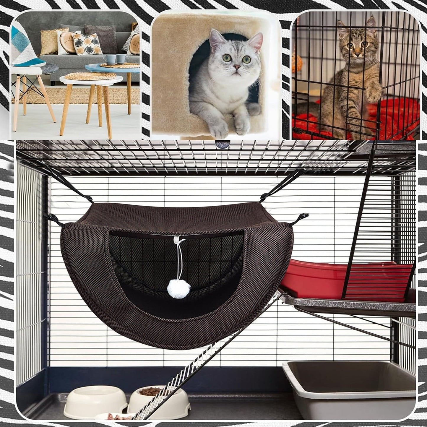 Darzheoy Cat Cage Hammock, Hanging Soft Pet Bed, Summer Breathable Pet Cage Hammock with Adjustable Straps, for Indoor Kitten Puppy Rabbit or Small Pet Coffee