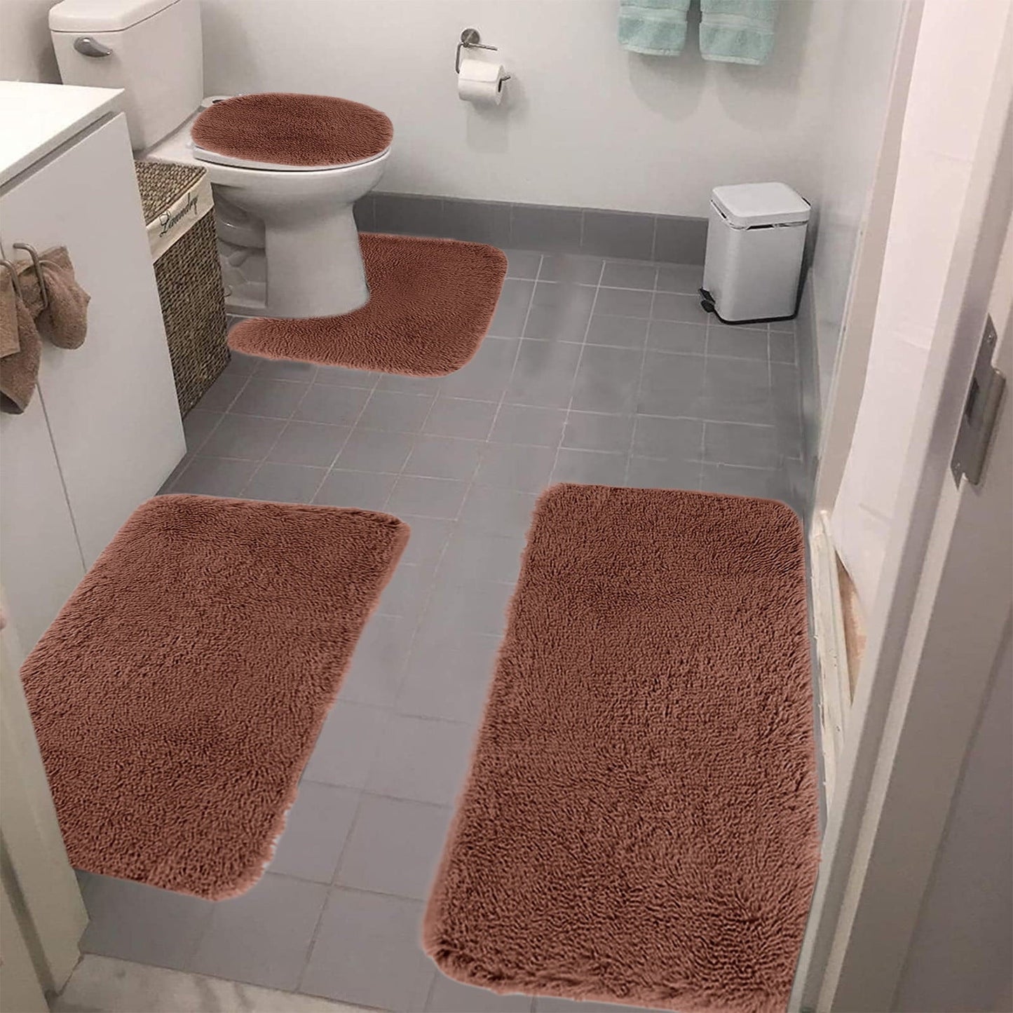 Chmadoxn Solid Color Bathroom Rugs Sets, 3 Piece Ultra Soft Non-Slip Bath Rugs and Mats Set, Super Absorbent Soft Washable Bathroom Carpets, Plush Bathroom Mats, Toilet Rug Set of 4 White