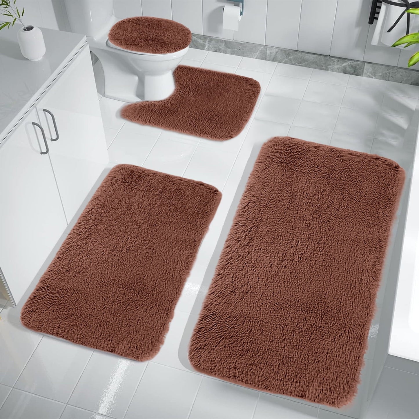Chmadoxn Solid Color Bathroom Rugs Sets, 3 Piece Ultra Soft Non-Slip Bath Rugs and Mats Set, Super Absorbent Soft Washable Bathroom Carpets, Plush Bathroom Mats, Toilet Rug Set of 4 White
