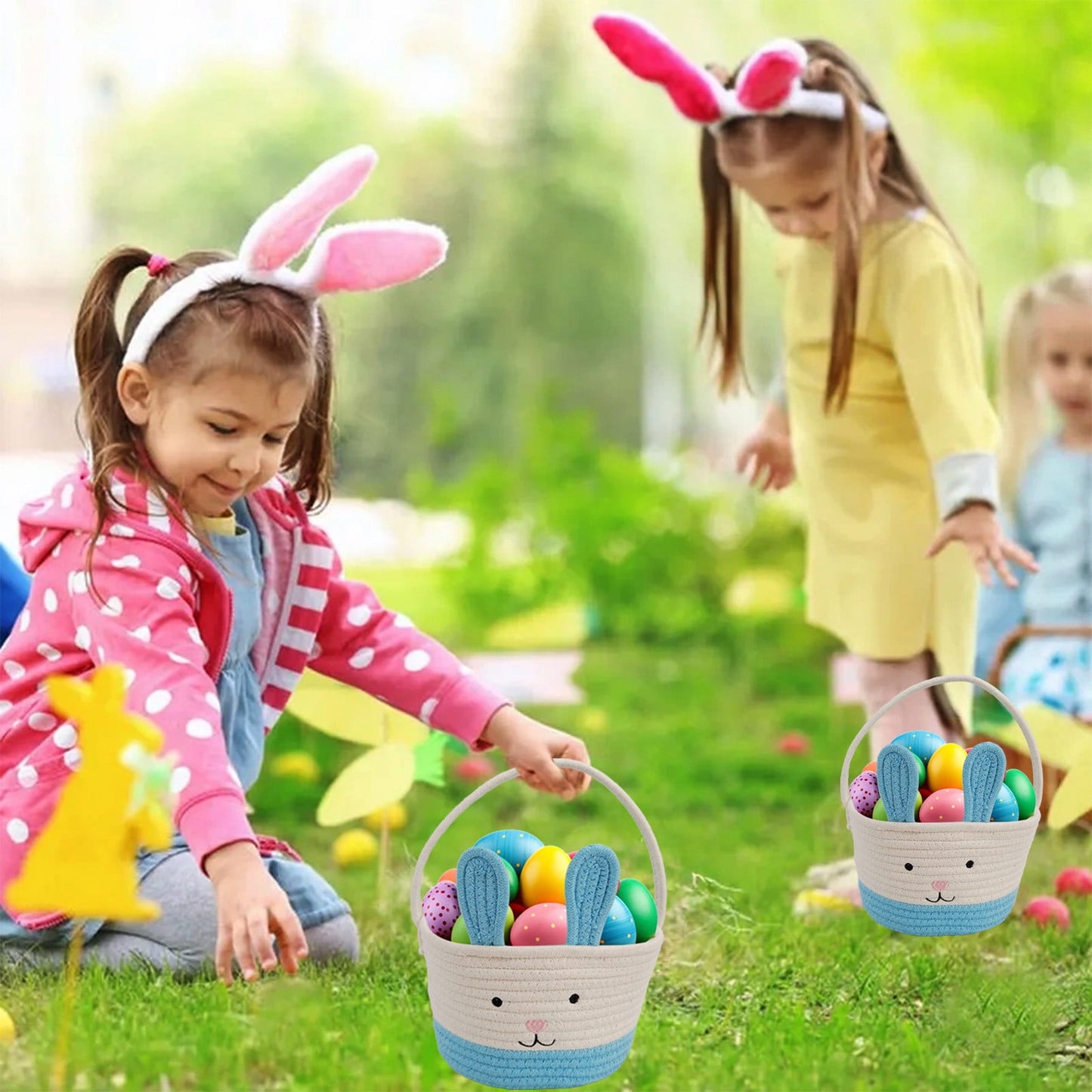 Darzheoy Easter Basket for Boys Girls Easter Bunny Basket with Rabbit Ears, Easter Egg Hunting Basket Easter Baskets for Kids Babies First Easter Gifts D
