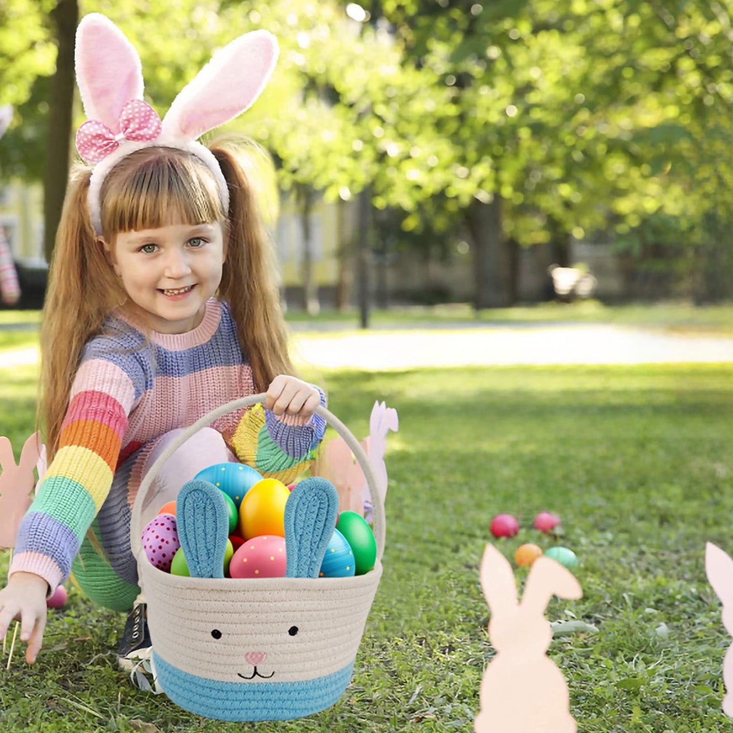 Darzheoy Easter Basket for Boys Girls Easter Bunny Basket with Rabbit Ears, Easter Egg Hunting Basket Easter Baskets for Kids Babies First Easter Gifts D