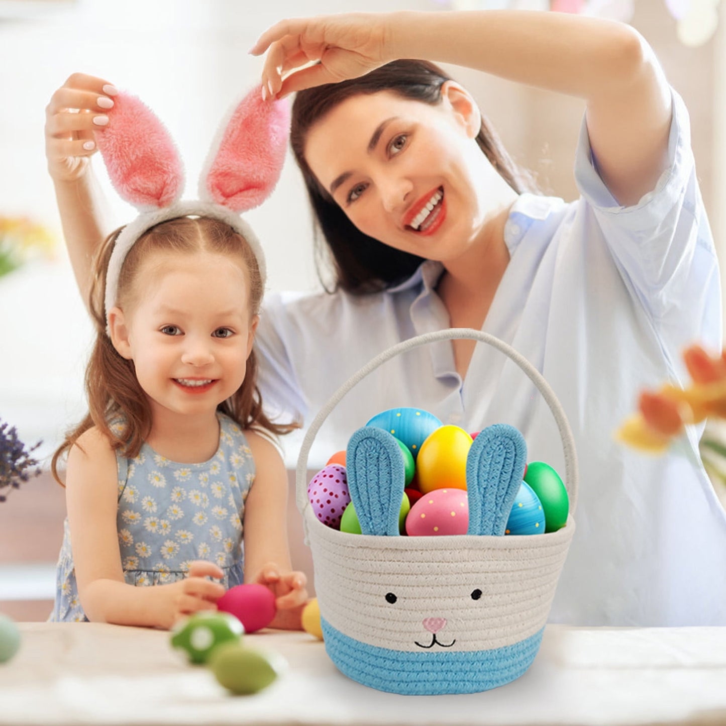 Darzheoy Easter Basket for Boys Girls Easter Bunny Basket with Rabbit Ears, Easter Egg Hunting Basket Easter Baskets for Kids Babies First Easter Gifts D