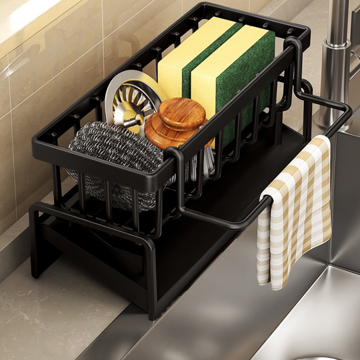 Darzheoy Sponge Holder for Kitchen Sink, Auto Draining Kitchen Sink Caddy, Rustproof Steel Dish Sponge Organizer with Removable Dishcloth Rack, Soap Dispenser Brush Holder Black