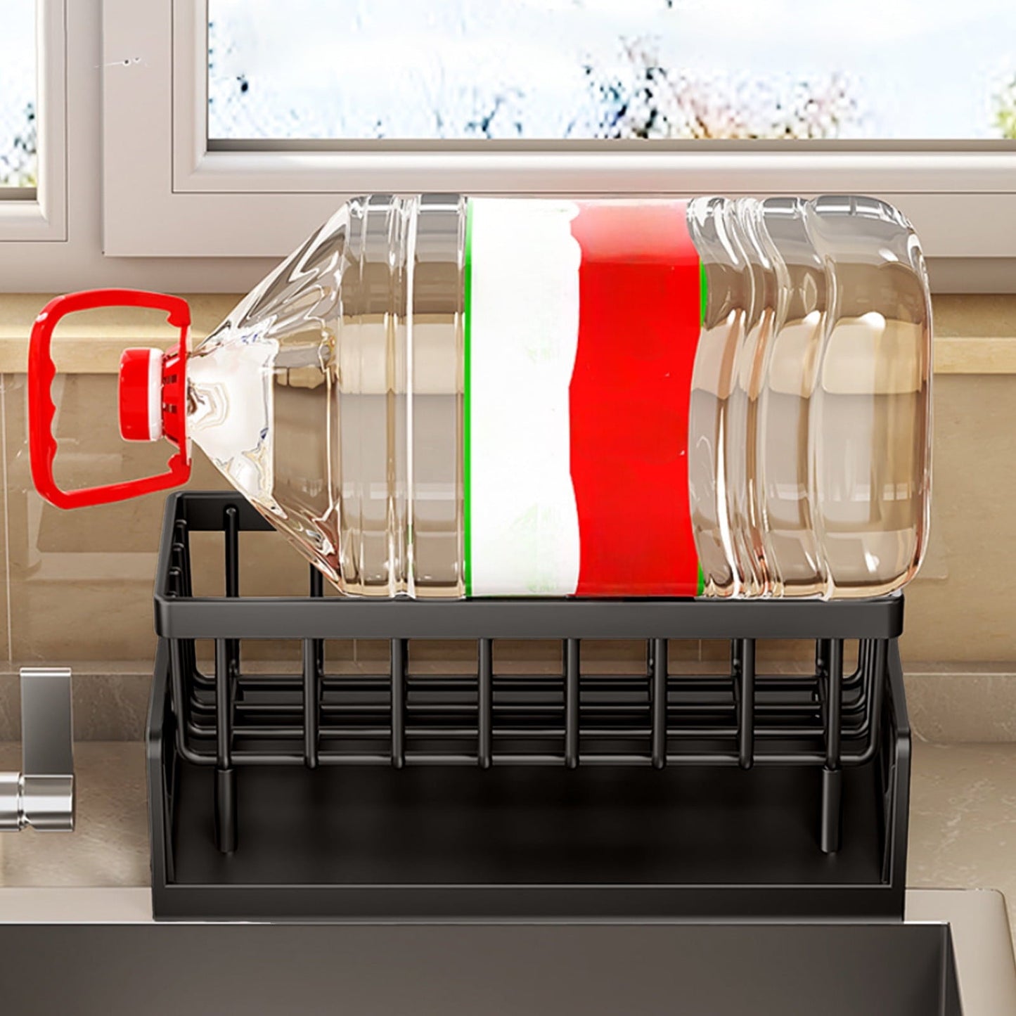 Darzheoy Sponge Holder for Kitchen Sink, Auto Draining Kitchen Sink Caddy, Rustproof Steel Dish Sponge Organizer with Removable Dishcloth Rack, Soap Dispenser Brush Holder Black