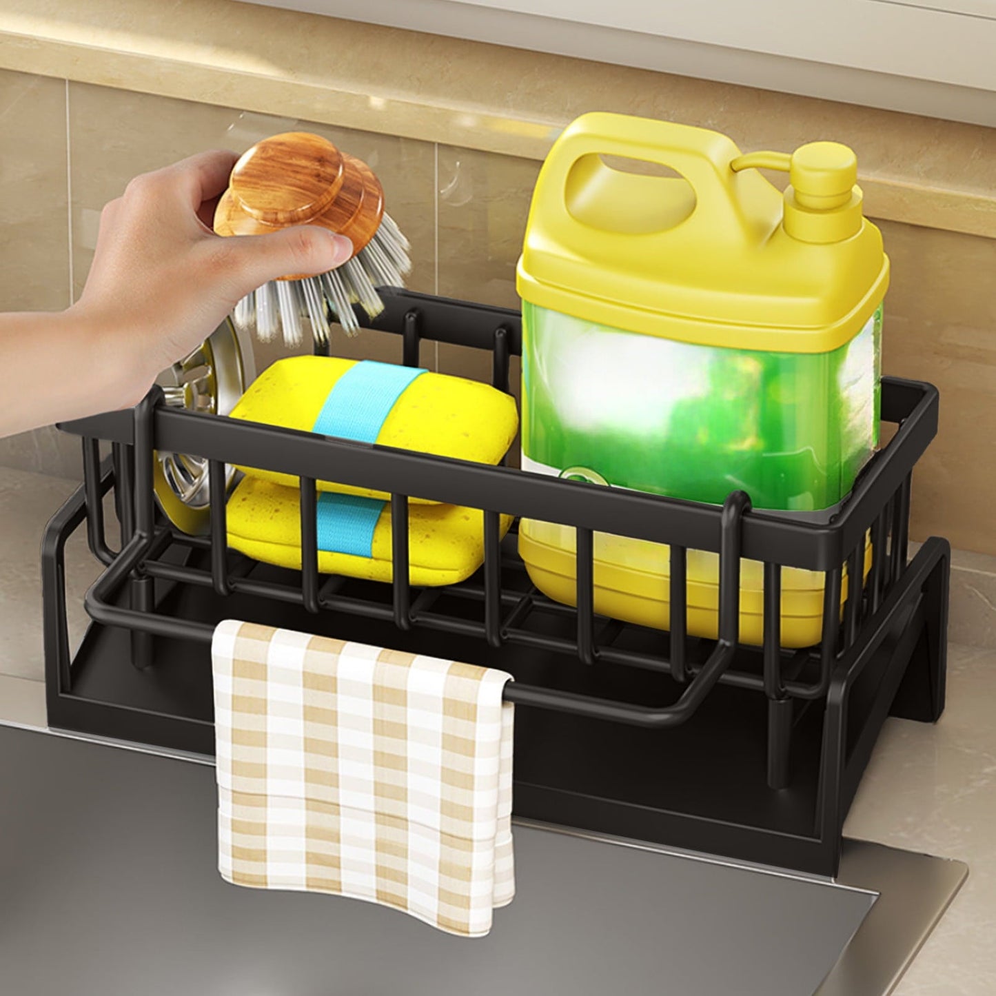 Darzheoy Sponge Holder for Kitchen Sink, Auto Draining Kitchen Sink Caddy, Rustproof Steel Dish Sponge Organizer with Removable Dishcloth Rack, Soap Dispenser Brush Holder Black