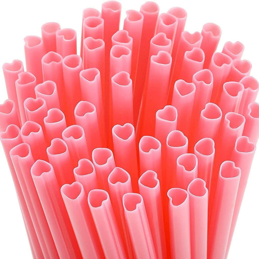 Kdkad Heart Shaped Pink Straws, 50 pc Disposable Drinking Cute Straw, Valentines Day Decorations, Pink Plastic Straw Valentines Day Birthday Party Bridal Shower Wedding Supplies