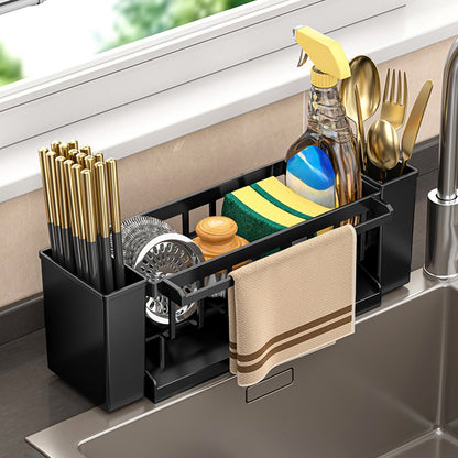 Kdkad Kitchen Sink Sponge Holder, Sponge Holder Kitchen Sink Caddy Organizer with Dish Brush Holder, Rustproof Stainless Steel Sink Sponge Holder with Auto-Draining Tray H