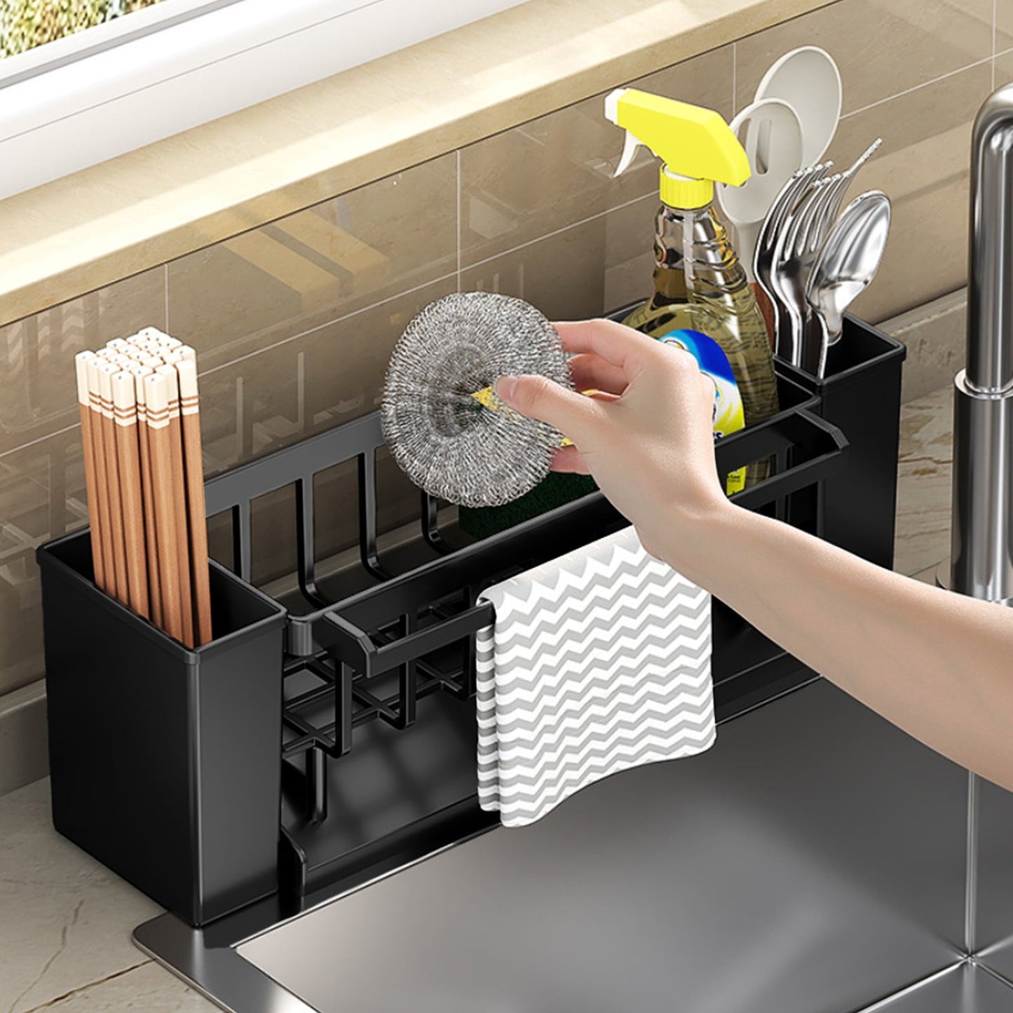 Kdkad Kitchen Sink Sponge Holder, Sponge Holder Kitchen Sink Caddy Organizer with Dish Brush Holder, Rustproof Stainless Steel Sink Sponge Holder with Auto-Draining Tray H