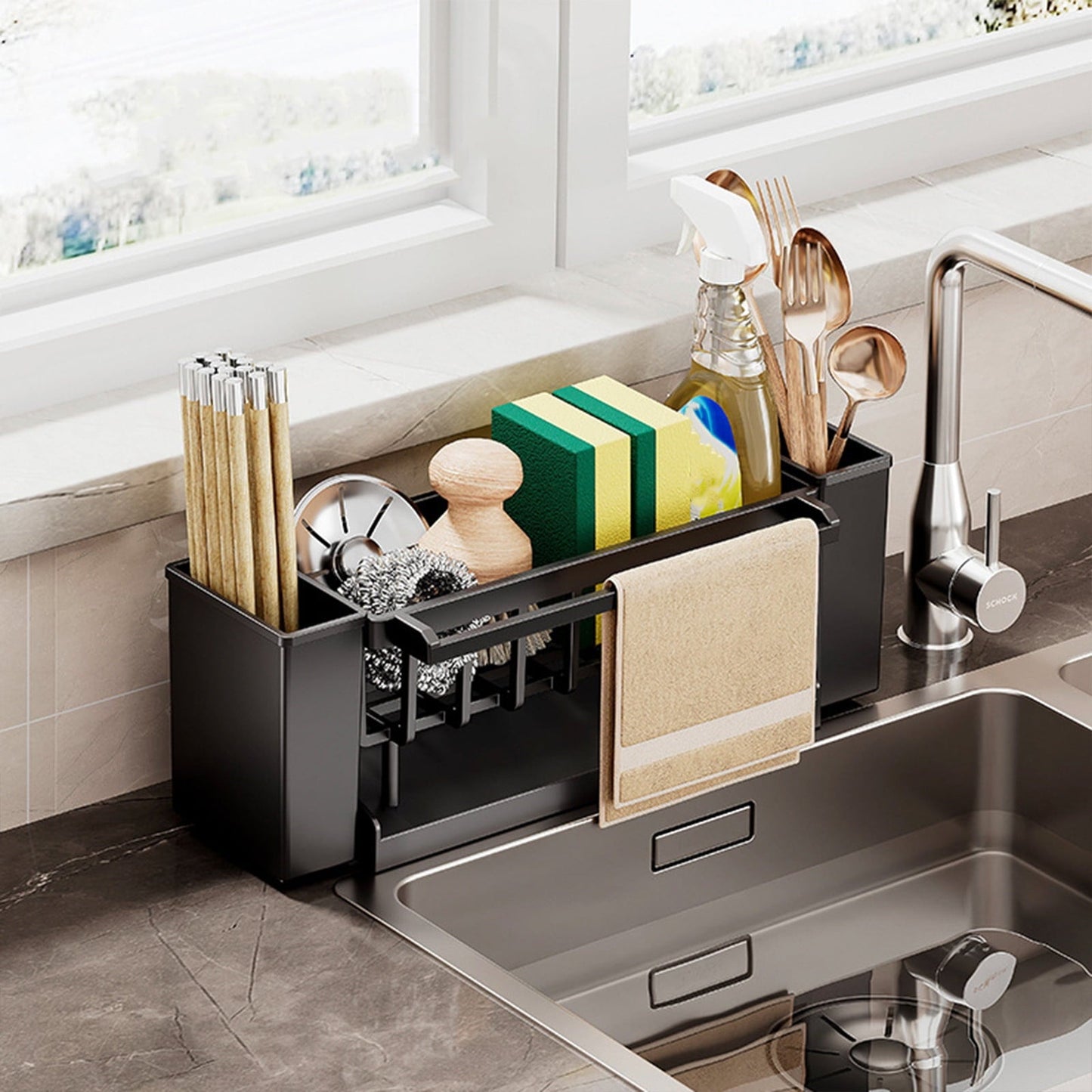Kdkad Kitchen Sink Sponge Holder, Sponge Holder Kitchen Sink Caddy Organizer with Dish Brush Holder, Rustproof Stainless Steel Sink Sponge Holder with Auto-Draining Tray H