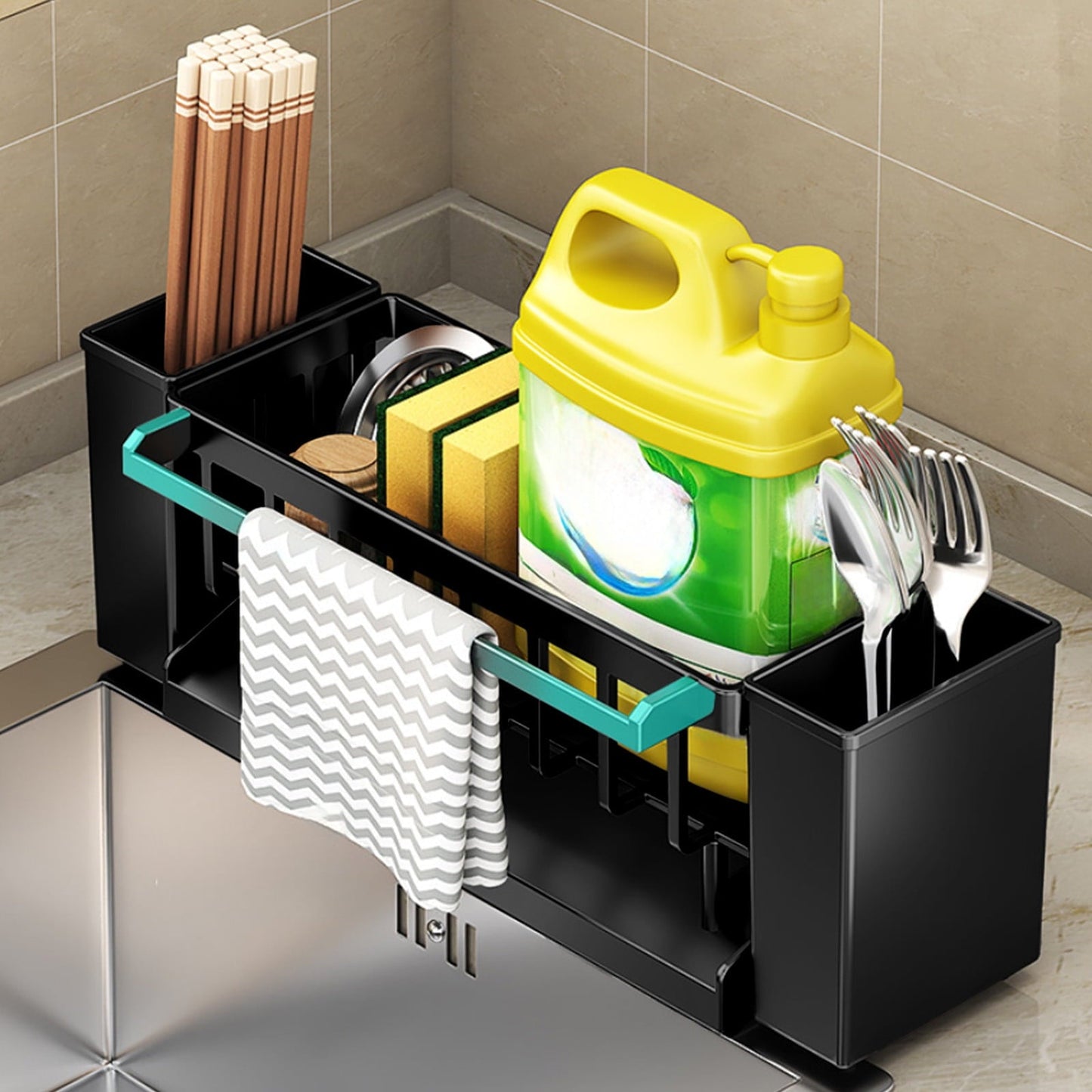 Kdkad Kitchen Sink Sponge Holder, Sponge Holder Kitchen Sink Caddy Organizer with Dish Brush Holder, Rustproof Stainless Steel Sink Sponge Holder with Auto-Draining Tray H
