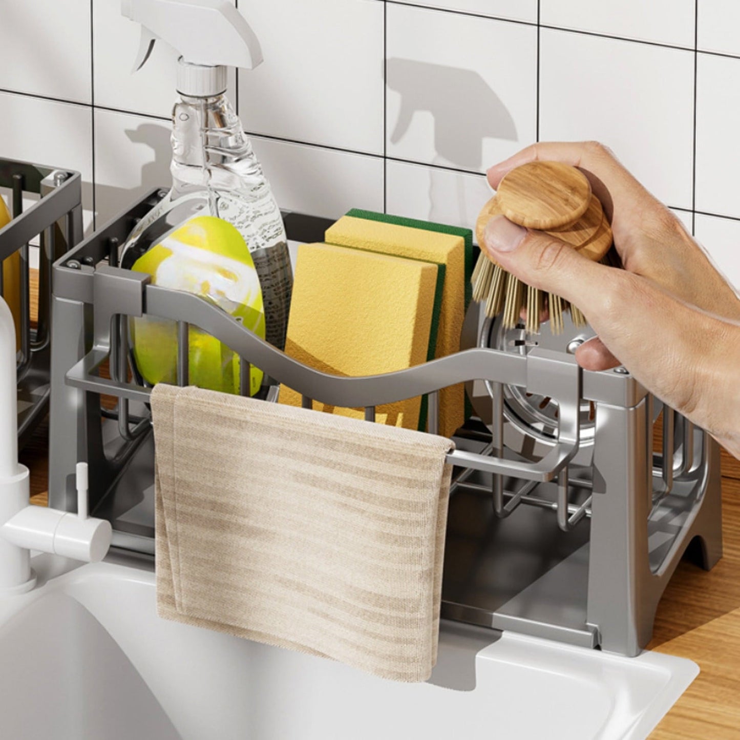Kdkad Kitchen Sink Sponge Holder, Sponge Holder Kitchen Sink Caddy Organizer with Dish Brush Holder, Rustproof Stainless Steel Sink Sponge Holder with Auto-Draining Tray K
