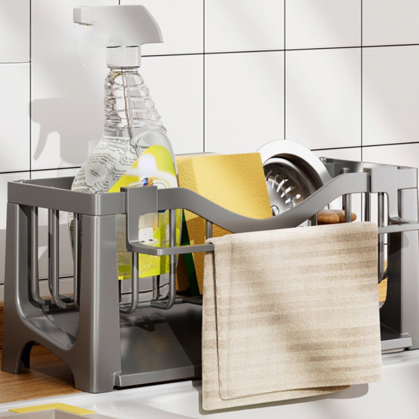 Kdkad Kitchen Sink Sponge Holder, Sponge Holder Kitchen Sink Caddy Organizer with Dish Brush Holder, Rustproof Stainless Steel Sink Sponge Holder with Auto-Draining Tray K