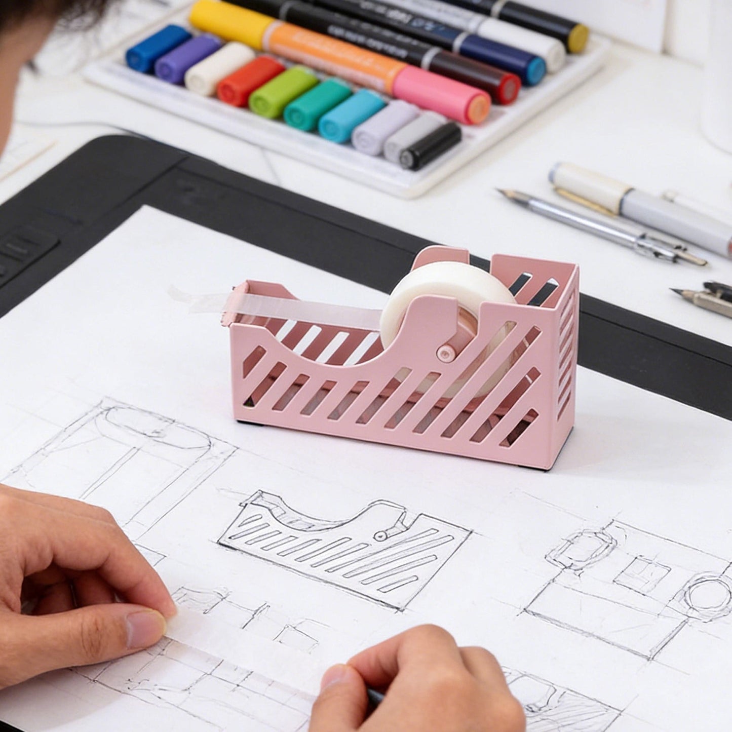 Darzheoy Desktop Tape Dispenser Adhesive Roll Holder Desk Accessories Home Office Tape Dispensers, Weighted Non-Skid Base X-Pink
