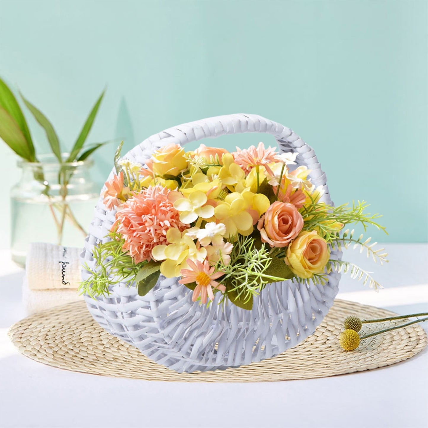 Darzheoy Wicker Basket with Handle, Wicker Shopping Basket, Picnic Baskets, Wicker Storage Basket, Rattan Basket for Wedding White