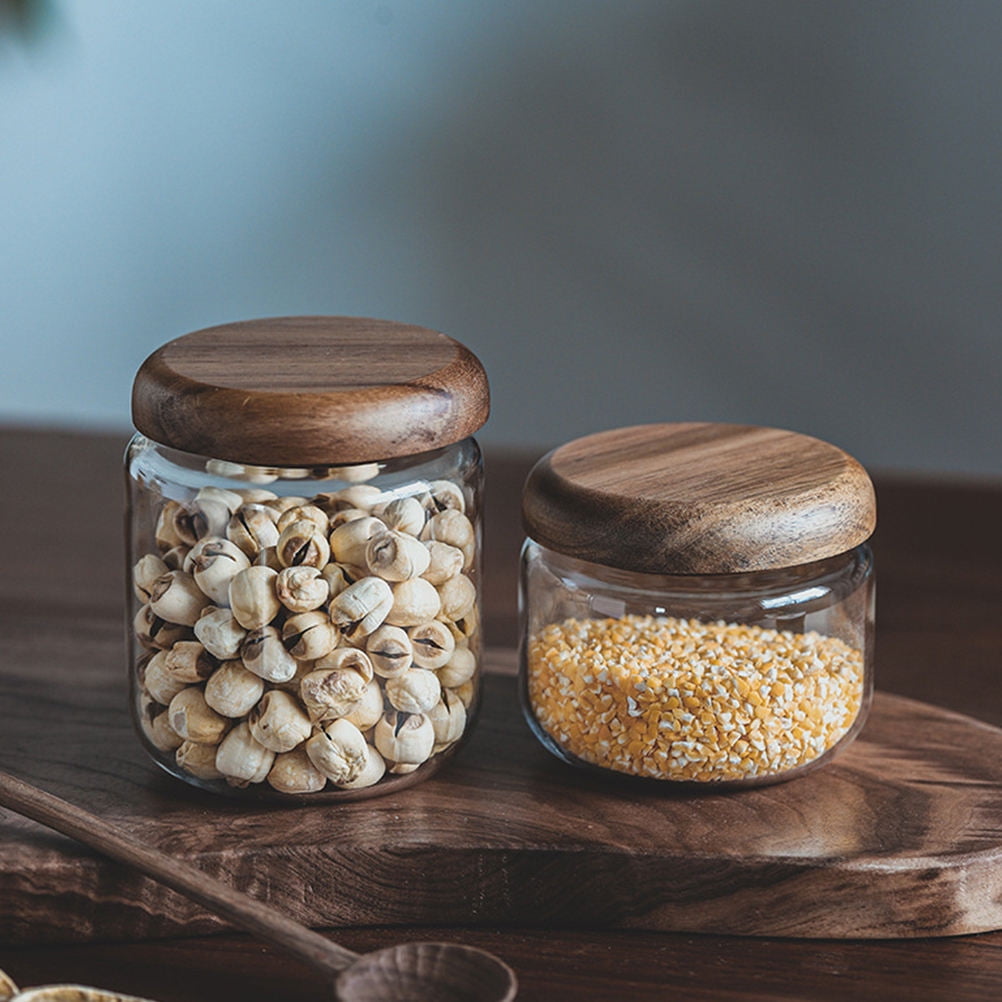 WHAMVOX Small Glass Jar with Airtight Wooden Lid, Food Storage Canister for Cereal, Snacks, Coffee, Kitchen Organization