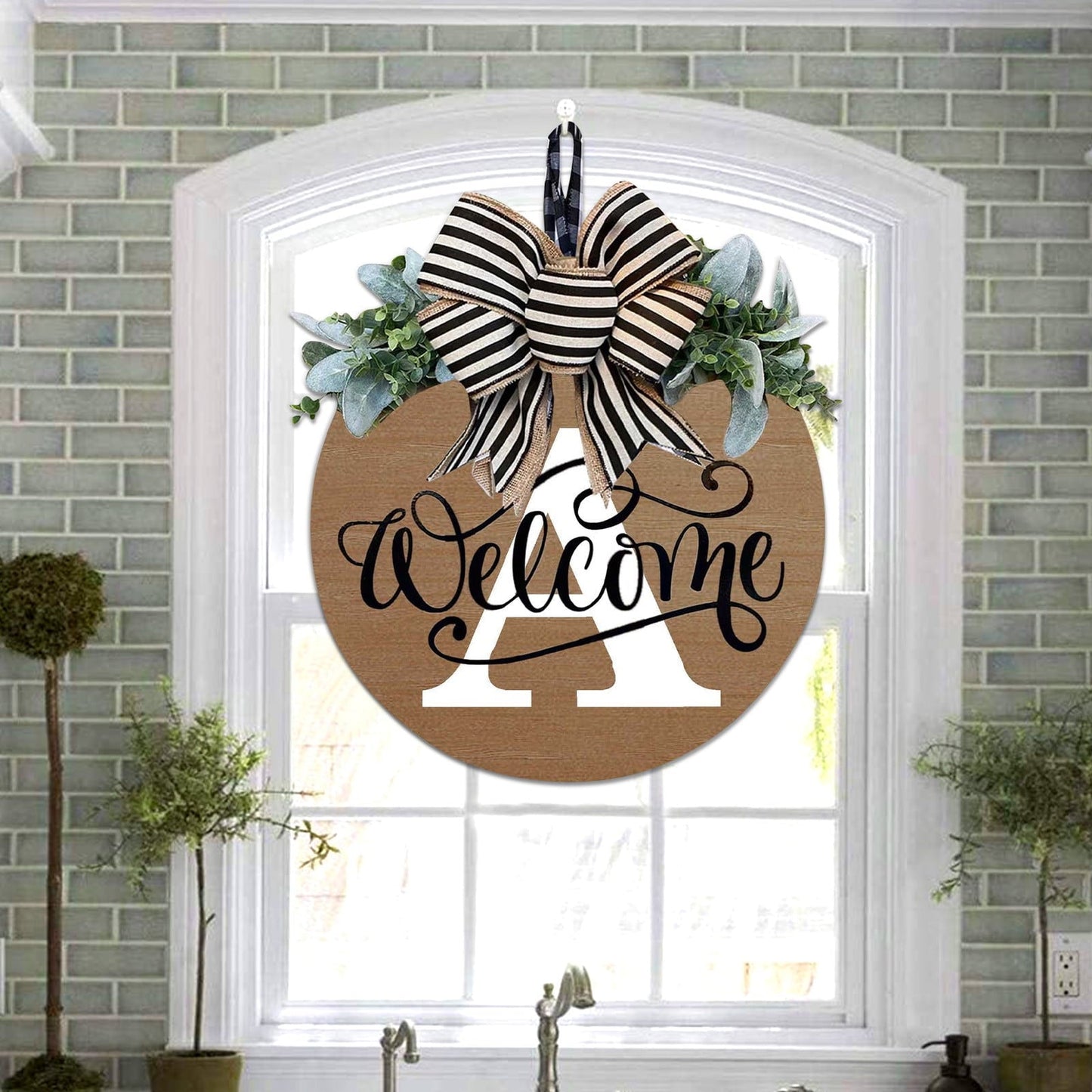 Darzheoy Initial Last Name Year Round Front Door Wreath, Welcome Sign Garland with Bow & Eucalyptus, Personalized Creative 26 Letter Farmhouse Wreath for All Seasons A