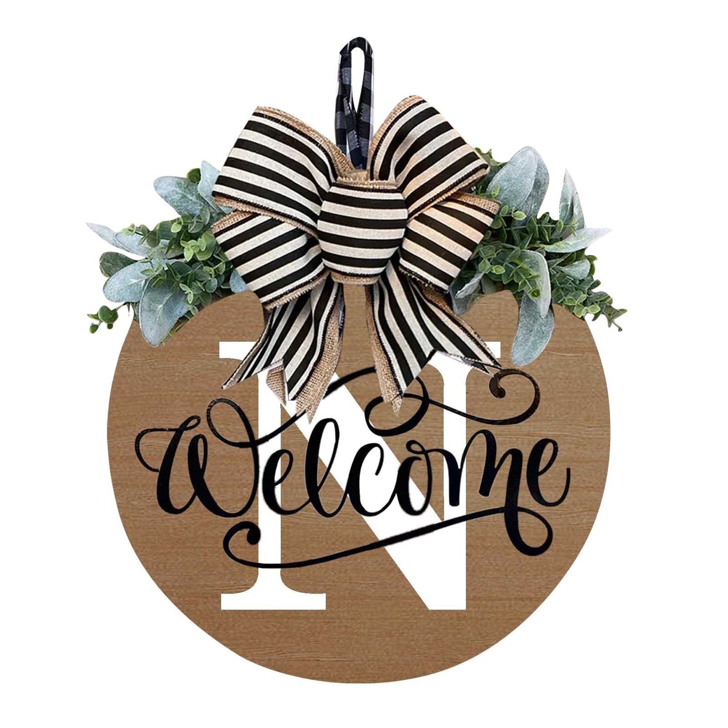 Darzheoy Initial Last Name Year Round Front Door Wreath, Welcome Sign Garland with Bow & Eucalyptus, Personalized Creative 26 Letter Farmhouse Wreath for All Seasons N