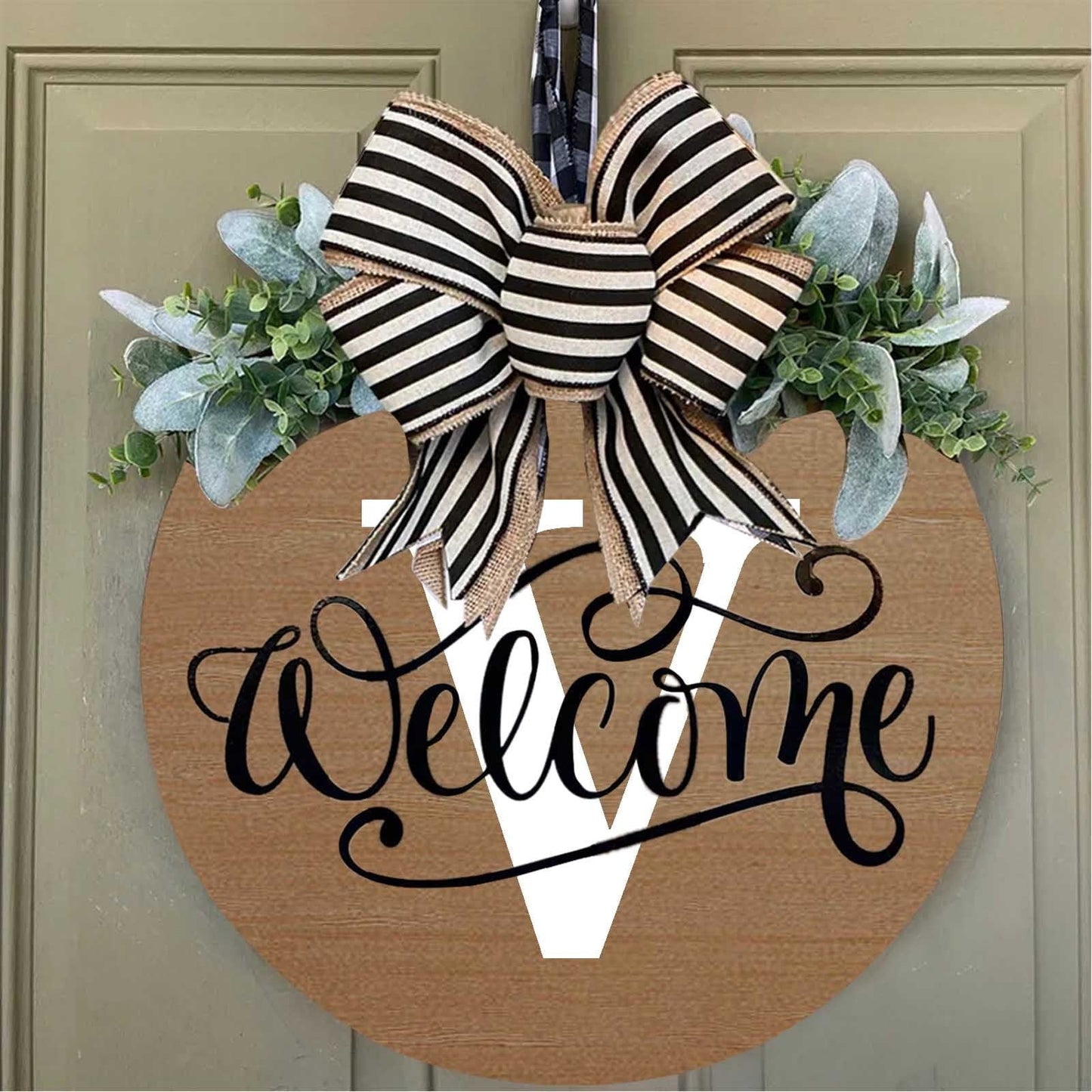Darzheoy Initial Last Name Year Round Front Door Wreath, Welcome Sign Garland with Bow & Eucalyptus, Personalized Creative 26 Letter Farmhouse Wreath for All Seasons V
