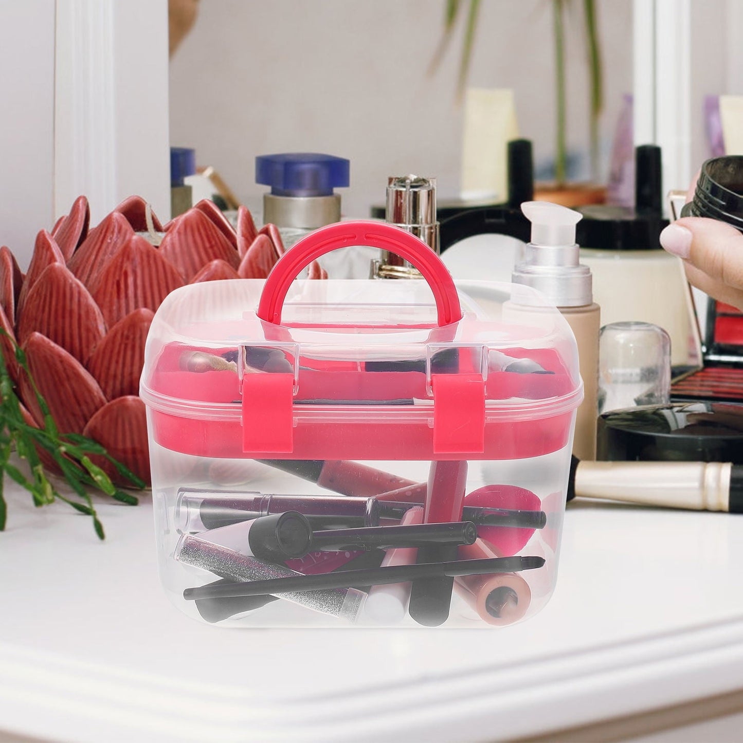 HOOWIFFY Plastic Sewing Box Red Large Capacity Double Layer Organizer for Home and Office Use with Design