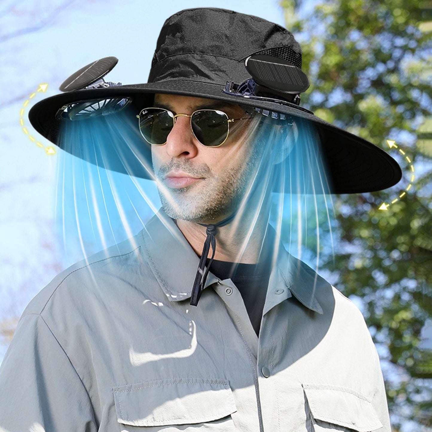 Darzheoy Solar Fan Hat Wide Brim Solar Fan Hat Outdoor Wide Brim Sun Hat with Solar Fan Fishing Hat, Removable & USB Charging Fan C-Black