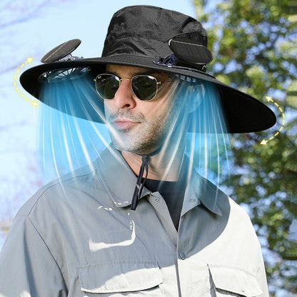 Darzheoy Solar Fan Hat Wide Brim Solar Fan Hat Outdoor Wide Brim Sun Hat with Solar Fan Fishing Hat, Removable & USB Charging Fan C-Black