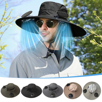 Darzheoy Solar Fan Hat Wide Brim Solar Fan Hat Outdoor Wide Brim Sun Hat with Solar Fan Fishing Hat, Removable & USB Charging Fan C-Black