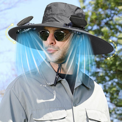 Darzheoy Solar Fan Hat Wide Brim Solar Fan Hat Outdoor Wide Brim Sun Hat with Solar Fan Fishing Hat, Removable & USB Charging Fan C-Dark Gray