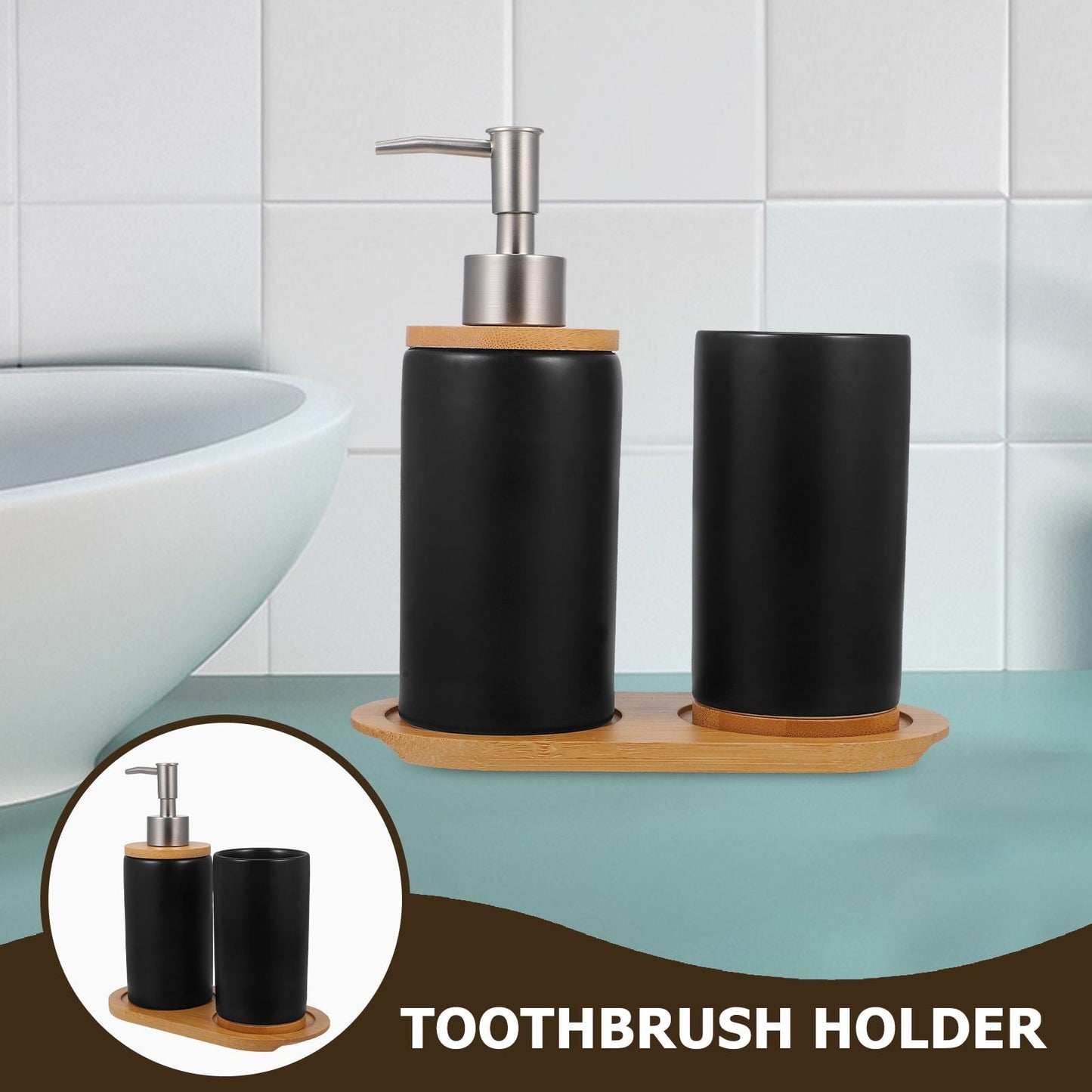 HOOWIFFY 1 Set Black Ceramic Bamboo Bathroom Essentials Toothbrush Holder Soap Dispenser Storage
