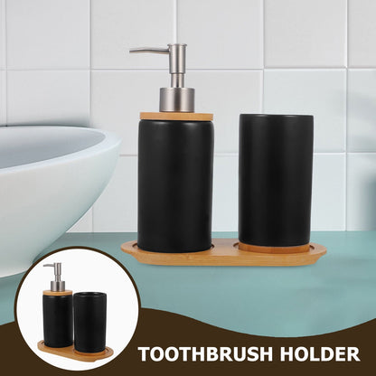 HOOWIFFY 1 Set Black Ceramic Bamboo Bathroom Essentials Toothbrush Holder Soap Dispenser Storage