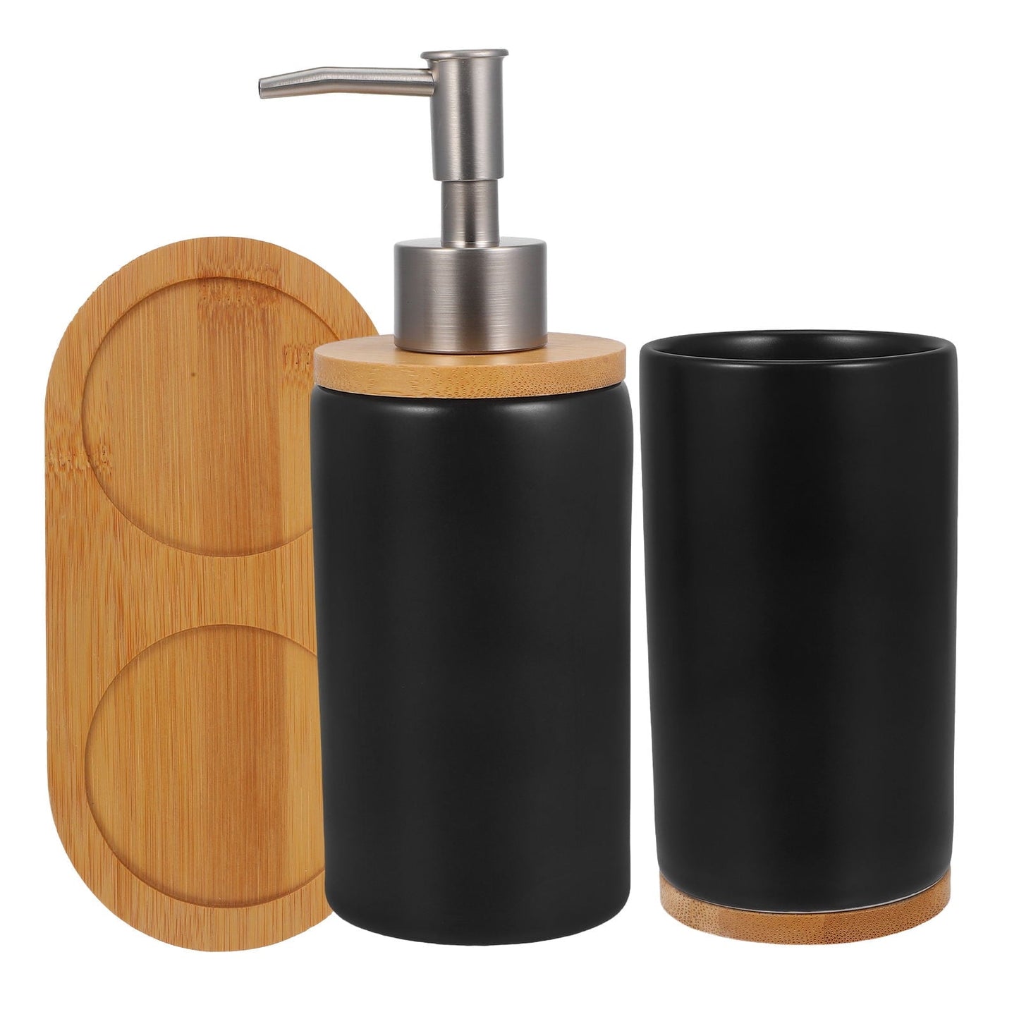 HOOWIFFY 1 Set Black Ceramic Bamboo Bathroom Essentials Toothbrush Holder Soap Dispenser Storage