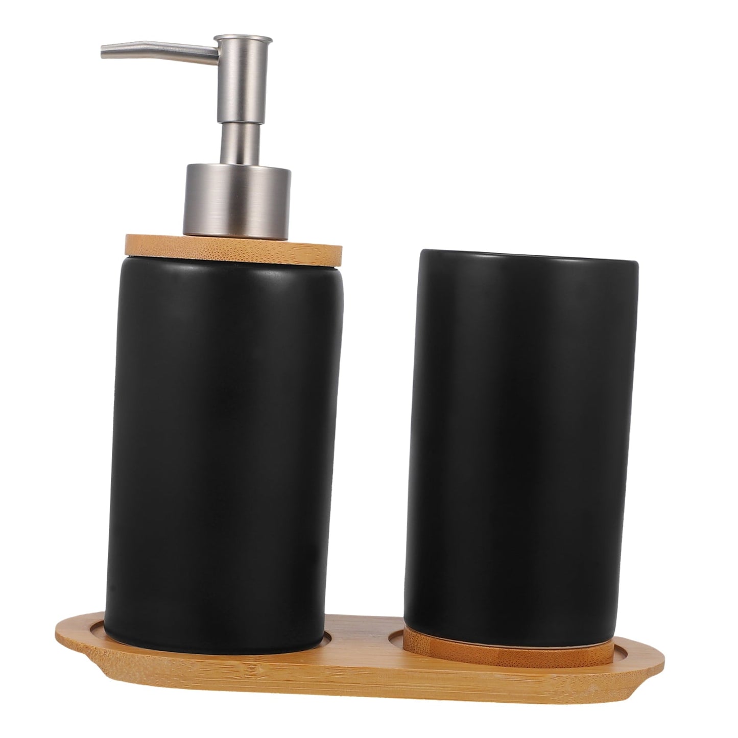 HOOWIFFY 1 Set Black Ceramic Bamboo Bathroom Essentials Toothbrush Holder Soap Dispenser Storage