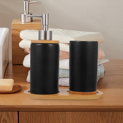 HOOWIFFY 1 Set Black Ceramic Bamboo Bathroom Essentials Toothbrush Holder Soap Dispenser Storage