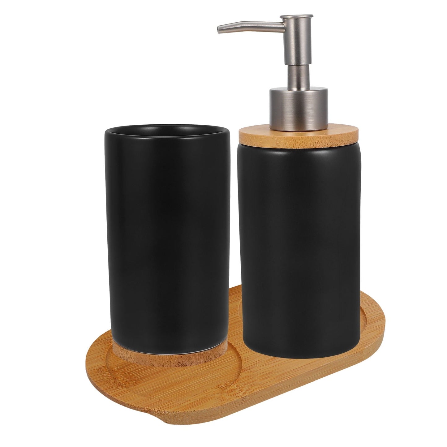 HOOWIFFY 1 Set Black Ceramic Bamboo Bathroom Essentials Toothbrush Holder Soap Dispenser Storage