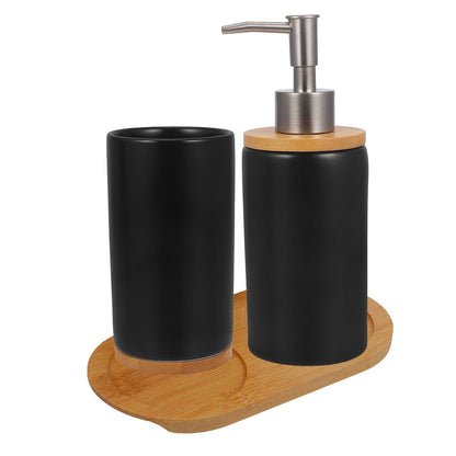 HOOWIFFY 1 Set Black Ceramic Bamboo Bathroom Essentials Toothbrush Holder Soap Dispenser Storage