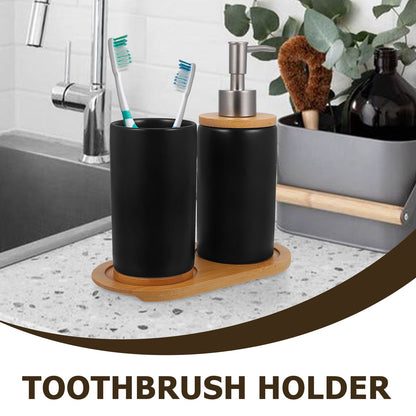 HOOWIFFY 1 Set Black Ceramic Bamboo Bathroom Essentials Toothbrush Holder Soap Dispenser Storage