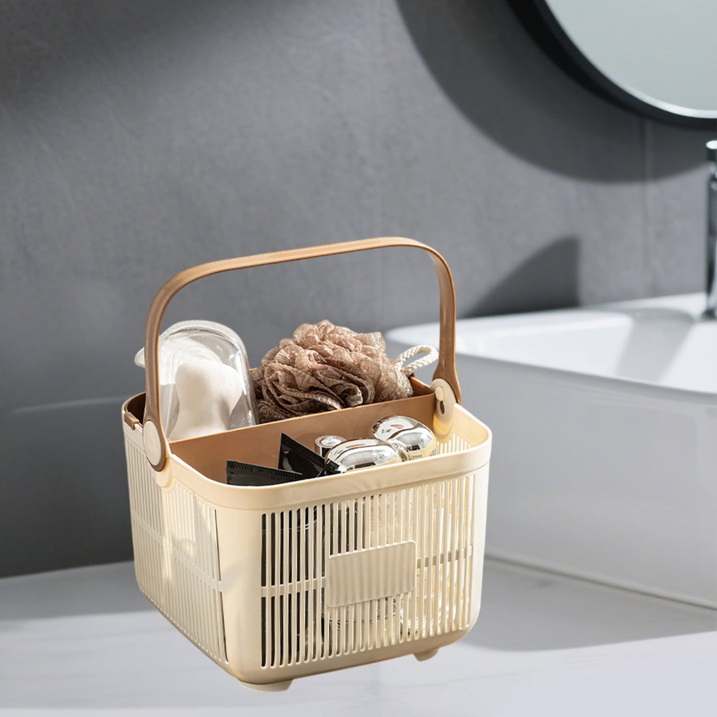 Kdkad Shower Caddy with Dry Wet Separation - Portable PP Plastic Bath Tote for College Dorms, Large Bathroom Organizer Basket with Drain Holes & Rust-Free Hooks 9.4×6.7 in Gray