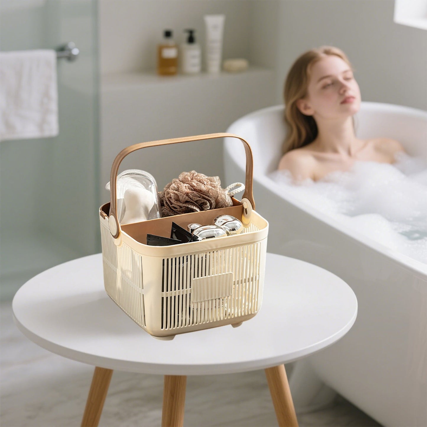 Kdkad Shower Caddy with Dry Wet Separation - Portable PP Plastic Bath Tote for College Dorms, Large Bathroom Organizer Basket with Drain Holes & Rust-Free Hooks 9.4×6.7 in Gray