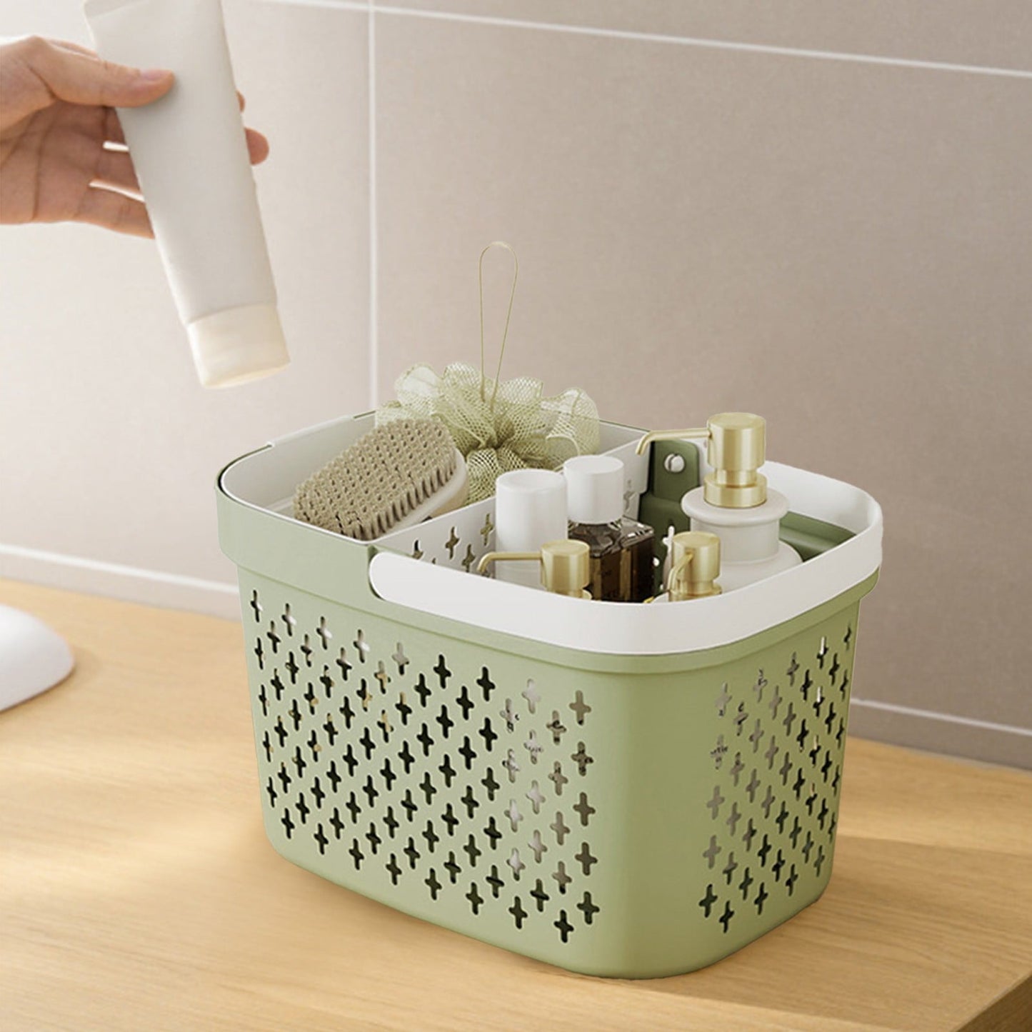 Kdkad Portable Shower Caddy Basket - Water-Resistant Bath Organizer with Drain Holes | PP Plastic Dorm Essential with Handles for Toiletries & Cosmetics Storage 7.5×10.4×6.6 in B