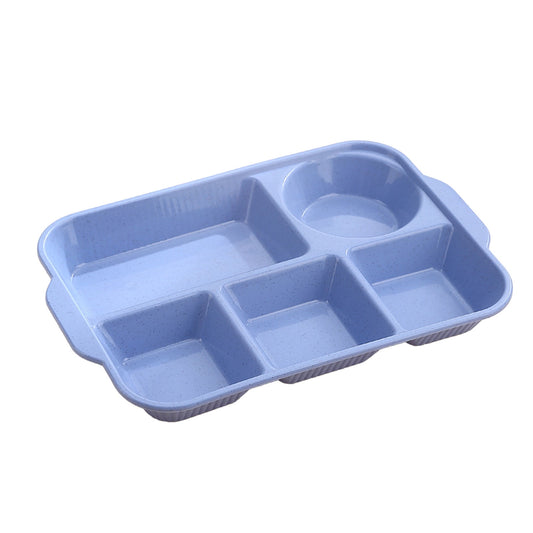 Darzheoy Unbreakable Divided Plates, 5-Compartment Wheat Straw Tray Divided Food Plates Lunch Trays Section Plates for Kids Adults, Microwave Dishwasher Safe, BPA Free Blue