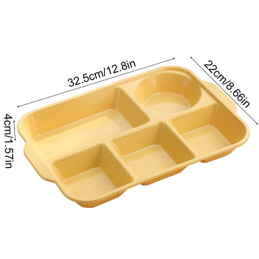 Darzheoy Unbreakable Divided Plates, 5-Compartment Wheat Straw Tray Divided Food Plates Lunch Trays Section Plates for Kids Adults, Microwave Dishwasher Safe, BPA Free Yellow